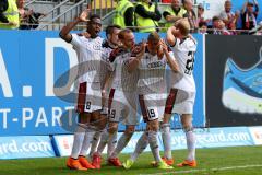 2. BL - Saison 2014/2015 - 1. FC Kaiserslautern - FC Ingolstadt 04 - Max Christiansen (#19 FC Ingolstadt 04) schiesst den 1:1 Ausgleichstreffer - Moritz Hartmann (#9 FC Ingolstadt 04) - Mathew Leckie (#7 FC Ingolstadt 04) - Roger de Oliveira Bernardo (#8 