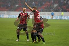 2. Bundesliga - FC Ingolstadt 04 - VfR AAlen - 4:1 - Konstantin Engel (20) köpft zum 4:1 Eigentor dann für den VfR Tor Jubel mit Marvin Matip (34) und Moritz Hartmann (9)