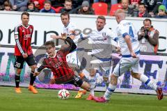 2. BL - Saison 2014/2015 - FC Ingolstadt 04 - FSV Frankfurt - Danilo Soares Teodoro (#15 FC Ingolstadt 04)  wird gefault - Pledl Thomas (FC Ingolstadt 04) - Huber Alexander #15 Frankfurt - Beugelsdijk Tom #4 Frankfurt - Foto: Jürgen Meyer