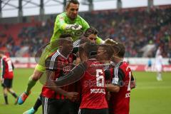 2. Bundesliga - FC Ingolstadt 04 - 1. FC Union Berlin - Andre Mijatović (4) köpft zum 3:3 Tor Jubel, links Mathew Leckie (7) und Alfredo Morales (6) Marvin Matip (34) Roger de Oliveira Bernardo (8) oben Torwart Ramazan Özcan (1)