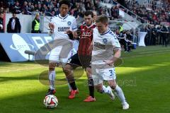 2. BL - Saison 2014/2015 - FC Ingolstadt 04 - Karlsruher SC - Pascal Groß (#10 FC Ingolstadt 04) - Yamada Hiroki weiss #9 - Max Philipp weiss #31 KSC -