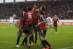 2. Bundesliga - FC Ingolstadt 04 - 1. FC Union Berlin - Andre Mijatović (4) köpft zum 3:3 Tor Jubel, links Mathew Leckie (7) und Alfredo Morales (6) Marvin Matip (34) Roger de Oliveira Bernardo (8)