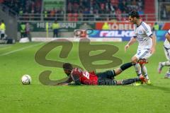 1. BL - Saison 2015/2016 - FC Ingolstadt 04 - Hamburger SV - Elias Kachunga (#25 FC Ingolstadt 04) wird gefoult von Spahic Emir (#4 Hamburger SV) - Foto: Jürgen Meyer