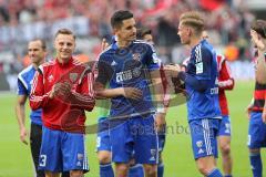 1. Bundesliga - Fußball - Bayer 04 Leverkusen - FC Ingolstadt 04 - Spiel ist aus Niederlage Ingolstadt 3:2, Spieler bedanken sich bei den Fans, Robert Bauer (23, FCI) Benjamin Hübner (5, FCI) Max Christiansen (19, FCI)