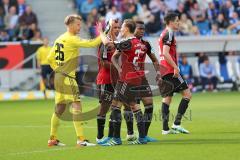 1. Bundesliga - Fußball - TSG 1899 Hoffenheim - FC Ingolstadt 04 - Elfmeter Torwart Örjan Haskjard Nyland (26, FCI) klärt den Ball, Jubel mit Robert Bauer (23, FCI) Roger de Oliveira Bernardo (8, FCI) Marvin Matip (34, FCI)