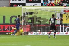 1. Bundesliga - Fußball - Bayer 04 Leverkusen - FC Ingolstadt 04 - Tor zum 2:1, am Boden Torwart Örjan Haskjard Nyland (26, FCI) Benjamin Hübner (5, FCI) machtlos