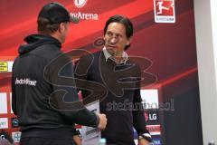 1. Bundesliga - Fußball - Bayer 04 Leverkusen - FC Ingolstadt 04 - Pressekonferenz, die letzte für links Cheftrainer Ralph Hasenhüttl (FCI) für Ingolstadt, rechts Cheftrainer Roger Schmidt (Leverkusen)