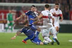 1. Bundesliga - Fußball - VfB Stuttgart - FC Ingolstadt 04 - Kampf um den Ball, Moritz Hartmann (9, FCI) Pascal Groß (10, FCI) Toni Sunjic (4 Stuttgart) und rechst hinten Martin Harnik (7 Stuttgart)