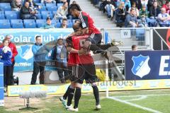 1. Bundesliga - Fußball - TSG 1899 Hoffenheim - FC Ingolstadt 04 - Stefan Lex (14, FCI) zieht ab und trifft zum 0:1 Tor Jubel mit Moritz Hartmann (9, FCI) und Darío Lezcano (37, FCI)