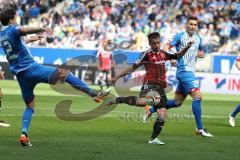 1. Bundesliga - Fußball - TSG 1899 Hoffenheim - FC Ingolstadt 04 - Stefan Lex (14, FCI) zieht ab und trifft zum 0:1 Tor Jubel, links Tobias Strobl (TSG 12) rechts Niklas Süle (TSG 25)