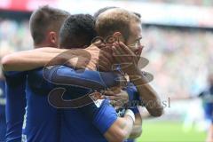 1. BL - Saison 2015/2016 - Werder Bremen - FC Ingolstadt 04 - Moritz Hartmann (#9 FC Ingolstadt 04) schießt den 0:1 Führungstreffer per Elfmeter - Stefan Lex (#14 FC Ingolstadt 04) - Elias Kachunga (#25 FC Ingolstadt 04) - Tor - Jubel -  Alfredo Morales (