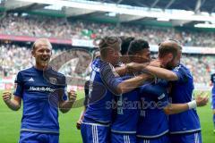 1. BL - Saison 2015/2016 - Werder Bremen - FC Ingolstadt 04 - Moritz Hartmann (#9 FC Ingolstadt 04) schießt den 0:1 Führungstreffer per Elfmeter - Stefan Lex (#14 FC Ingolstadt 04) - Elias Kachunga (#25 FC Ingolstadt 04) - Tor - Jubel -  Alfredo Morales (