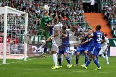 1. BL - Saison 2015/2016 - Werder Bremen - FC Ingolstadt 04 - Ramazan Özcan (#1 FC Ingolstadt 04) - Stefan Lex (#14 FC Ingolstadt 04) - Marvin Matip (#34 FC Ingolstadt 04) - Lukas Hinterseer (#16 FC Ingolstadt 04) - Jannik Vestergaard (Bremen) - Foto: Jür