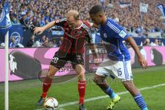 1. BL - Saison 2015/2016 - Schalke 04 - FC Ingolstadt 04 -  Tobias Levels (#28 FC Ingolstadt 04) - Dennis Aogo (15, Schalke) - Foto: Jürgen Meyer