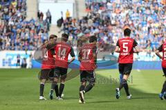 1. Bundesliga - Fußball - TSG 1899 Hoffenheim - FC Ingolstadt 04 - Stefan Lex (14, FCI) zieht ab und trifft zum 0:1 Tor Jubel mit Pascal Groß (10, FCI) Darío Lezcano (37, FCI)