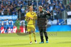 1. Bundesliga - Fußball - TSG 1899 Hoffenheim - FC Ingolstadt 04 - Spiel ist aus Niederlage 2:1, FCI geht zu den Fans und bedankt sich, Torwart Örjan Haskjard Nyland (26, FCI) undCheftrainer Ralph Hasenhüttl (FCI) im Gespräch