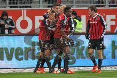 1. BL - Saison 2015/2016 - FC Ingolstadt 04 - Darmstadt 98 - Robert Bauer (#23 FC Ingolstadt 04) freut sich über seinen Ausgleichstreffer zum 1:1 -  Marvin Matip (#34 FC Ingolstadt 04) - Tobias Levels (#28 FC Ingolstadt 04) - Benjamin Hübner (#5 FC Ingols