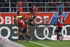 1. BL - Saison 2015/2016 - FC Ingolstadt 04 - Borussia Mönchengladbach - Moritz Hartmann (#9 FC Ingolstadt 04) mit dem 1:0 Führungstreffer und Siegtreffer - Tor - Jubel - Robert Bauer (#23 FC Ingolstadt 04) - Max Christiansen (#19 FC Ingolstadt 04) - Roge