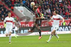 1. Bundesliga - Fußball - FC Ingolstadt 04 - VfB Stuttgart - Moritz Hartmann (9, FCI) köpft zum Tor, links Daniel Schwaab (3 Stuttgart) und Kevin Großkreutz (15 Stuttgart)