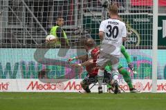 1. BL - Saison 2015/2016 - FC Ingolstadt 04 - Borussia Mönchengladbach - Moritz Hartmann (#9 FC Ingolstadt 04) mit dem 1:0 Führungstreffer und Siegtreffer - Tor - Jubel - Elvedi Nico weiss #30 Gladbach -  Foto: Meyer Jürgen