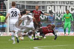 1. BL - Saison 2015/2016 - FC Ingolstadt 04 - Borussia Mönchengladbach - Moritz Hartmann (#9 FC Ingolstadt 04) - Max Christiansen (#19 FC Ingolstadt 04) wird gefoult - Foto: Meyer Jürgen