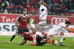 1. BL - Saison 2015/2016 - FC Ingolstadt 04 - 1. FC Köln - Lukas Hinterseer (#16 FC Ingolstadt 04) - Lezano Farina,Dario (#37 FC Ingolstadt 04) - Frederik Sörensen (#4 Köln)  - Foto: Meyer Jürgen