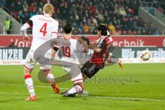 1. BL - Saison 2015/2016 - FC Ingolstadt 04 - 1. FC Köln - Lezano Farina,Dario (#37 FC Ingolstadt 04) - Mergim Mavraj (#19 Köln) - Frederik Sörensen (#4 Köln)  - Foto: Meyer Jürgen