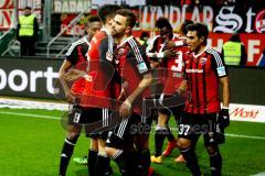 1. Bundesliga - Fußball - FC Ingolstadt 04 - 1. FC Köln - Lukas Hinterseer (16, FCI) jubelt mit Benjamin Hübner (5, FCI) und Darió Lezcano (37, FCI) Foto: Adalbert Michalik