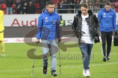 1. BL - Saison 2015/2016 - FC Ingolstadt 04 - Hertha BSC - Stefan Lex (#14 FC Ingolstadt 04) mit Krücken - Pledl Thomas (#30 FC Ingolstadt 04) - Foto: Jürgen Meyer