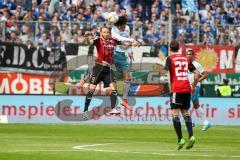 1. BL - Saison 2015/2016 - FC Ingolstadt 04 - Schalke 04 - Moritz Hartmann (#9 FC Ingolstadt 04) - Leroy Sané (19, Schalke) - Foto: Meyer Jürgen