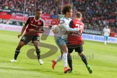 1. BL - Saison 2015/2016 - FC Ingolstadt 04 - Schalke 04 - Leroy Sané (19, Schalke) - Robert Bauer (#23 FC Ingolstadt 04) - Marvin Matip (#34 FC Ingolstadt 04) - Foto: Meyer Jürgen