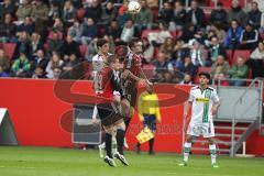1. BL - Saison 2015/2016 - FC Ingolstadt 04 - Borussia Mönchengladbach - Pascal Groß (#10 FC Ingolstadt 04) - Max Christiansen (#19 FC Ingolstadt 04) -  beim Kopfball - Foto: Meyer Jürgen