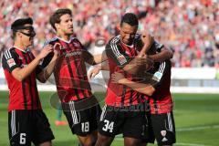 1. Bundesliga - Fußball - FC Ingolstadt 04 - Eintracht Frankfurt - Stefan Lex (14, FCI) rennt auf das Tor und erzielt das 2:0 Jubel, Marvin Matip (34, FCI) Romain Brégerie (18, FCI) Alfredo Morales (6, FCI)