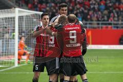 1. Bundesliga - Fußball - FC Ingolstadt 04 - VfB Stuttgart - 2:1 Tor durch Mathew Leckie (7, FCI), Torwart Przemyslaw Tyton (22 Stuttgart) kommt nicht hin. Jubel mit Moritz Hartmann (9, FCI) Benjamin Hübner (5, FCI) Darío Lezcano (37, FCI)