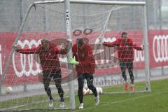 1. Bundesliga - Fußball - FC Ingolstadt 04 - Training - Neuzugang Darío Lezcano (37, FCI) - Torwart Örjan Haskjard Nyland (26, FCI) Torwart Ramazan Özcan (1, FCI) und hinten Torwart Christian Ortag (39, FCI) schieben das Tor