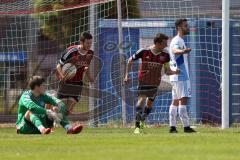 Regionalliga Bayern - FC Ingolstadt 04 II - SV 01 Viktoria Aschaffenburg - 5:3 - Tor Jubel durch Andreas Buchner (16), mitte Matthias Heiß (4)  und Torwart Peter Neuberger am Boden, rechts Fabian Galm (AB 4)