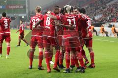 1. Bundesliga - Fußball - Bayer Leverkusen - FC Ingolstadt 04 - Alfredo Morales (6, FCI)  rechts trifft zum 0:1 Tor Jubel, Anthony Jung (3, FCI) Darío Lezcano (11, FCI) Florent Hadergjonaj (33, FCI) Marcel Tisserand (32, FCI)