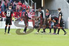 1. BL - Saison 2016/2017 - FSV Mainz 05 - FC Ingolstadt 04 - Florent Hadergjonaj (#33 FCI) - Stefan Lex (#14 FCI) - Roger de Oliveira Bernardo (#8 FCI) - Lukas Hinterseer (#16 FCI) - Marvin Matip (#34 FCI) - enttäuscht nach der Niederlage - Foto: Meyer Jü