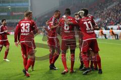 1. Bundesliga - Fußball - Bayer Leverkusen - FC Ingolstadt 04 - Alfredo Morales (6, FCI)  rechts trifft zum 0:1 Tor Jubel, Anthony Jung (3, FCI) Darío Lezcano (11, FCI) Florent Hadergjonaj (33, FCI) Marcel Tisserand (32, FCI)