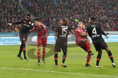 1. Bundesliga - Fußball - Bayer Leverkusen - FC Ingolstadt 04 - Alfredo Morales (6, FCI)  rechts trifft zum 0:1 Tor Jubel Danny Da Costa (Leverkusen 23) Julian Baumgartlinger (Leverkusen 15) Jonathan Tah (Leverkusen 4) kommen nicht zum Ball