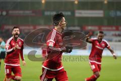 1. Bundesliga - Fußball - Bayer Leverkusen - FC Ingolstadt 04 - Alfredo Morales (6, FCI)  rechts trifft zum 0:1 Tor Jubel, Anthony Jung (3, FCI) Roger de Oliveira Bernardo (8, FCI)