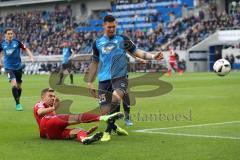 1. Bundesliga - Fußball - TSG 1899 Hoffenheim - FC Ingolstadt 04 - Lukas Hinterseer (16, FCI) am Boden schießt auf das Tor, Niklas Süle (TSG 25) verhindert