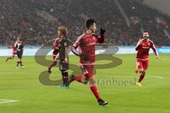 1. Bundesliga - Fußball - Bayer Leverkusen - FC Ingolstadt 04 - Alfredo Morales (6, FCI)  rechts trifft zum 0:1 Tor Jubel, hinten Anthony Jung (3, FCI) schreit