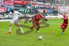 1. BL - Saison 2016/2017 - FC Ingolstadt 04 - FC Bayern München - Robert Lewandowski weiss FC Bayern München - Marcel Tisserand (#32 FCI) - Florent Hadergjonaj (#33 FCI) - Foto: Meyer Jürgen