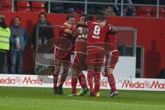 1. BL - Saison 2016/2017 - FC Ingolstadt 04 - VFL Wolfsburg - Der 1:0 Treffer von Anthony Jung (#3 FCI) - Mathew Leckie (#7 FCI) - Pascal Groß (#10 FCI) - Roger de Oliveira Bernardo (#8 FCI) - Jubel - Foto: Meyer Jürgen