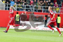 1. BL - Saison 2016/2017 - FC Ingolstadt 04 - Borussia Dortmund - Lezano Farina,Dario (#37 FCI) zum Treffer zum 2:0 - Florent Hadergjonaj (#33 FCI) - Jubel - Foto: Meyer Jürgen