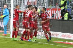 1. BL - Saison 2016/2017 - FC Ingolstadt 04 - 1.FC Köln - Lezcano Farina,Dario (#37 FCI) trifft zum 1:1 Ausgleichstreffer - Tor - Jubel - Florent Hadergjonaj (#33 FCI) - Marvin Matip (#34 FCI) - Foto: Meyer Jürgen