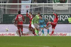 1. BL - Saison 2016/2017 - FC Ingolstadt 04 - VFL Wolfsburg - Moritz Hartmann (#9 FCI) mit einem Kopfball - Yannick Gerhardt (13 Wolfsburg)  - Foto: Meyer Jürgen
