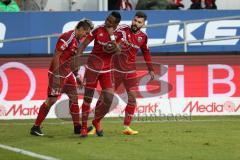 1. Bundesliga - Fußball - FC Ingolstadt 04 - RB Leipzig - Tor Treffer Jubel durch Roger de Oliveira Bernardo (8, FCI) mit Darío Lezcano (11, FCI)  Anthony Jung (3, FCI)