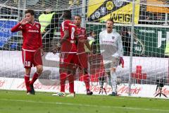 1. BL - Saison 2016/2017 - FC Ingolstadt 04 - Borussia Dortmund - Ørjan Nyland (#26 FCI) nach dem Anschlusstreffer zum 2:1 sauer auf seine Abwehr - Pascal Groß (#10 FCI) - Roger de Oliveira Bernardo (#8 FCI) - Marcel Tisserand (#32 FCI) - Foto: Meyer Jürg